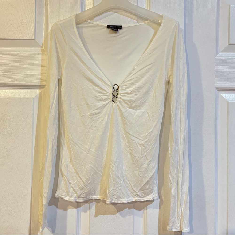 Armani Exchange White Long Sleeve Top with Ring Detail